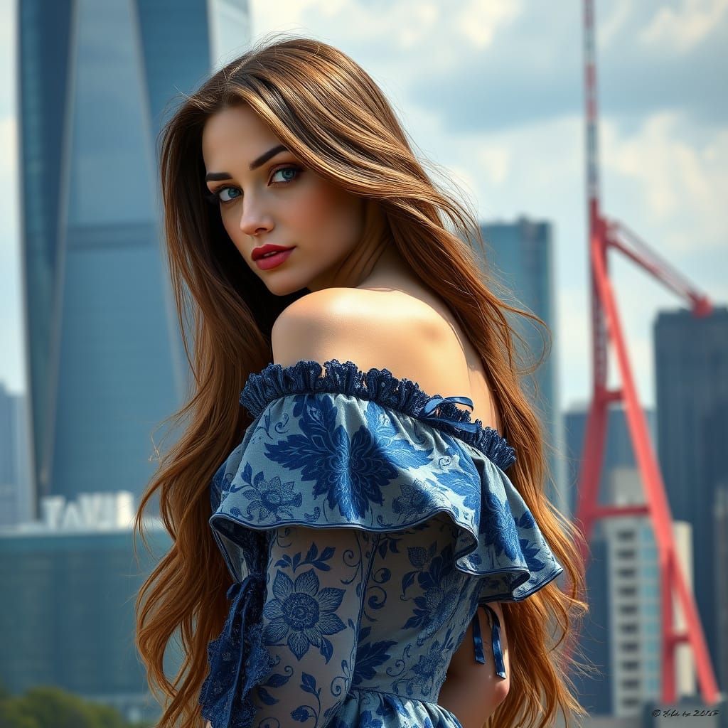Woman in Floral Dress with City View, Hyperrealistic Art