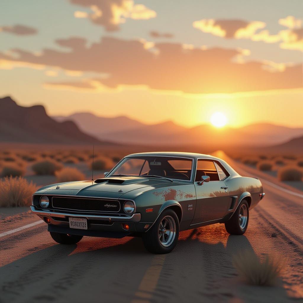 Abandoned Muscle Car on Desert Highway at Sunset