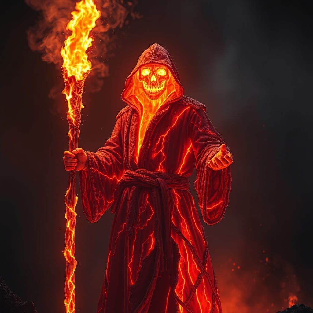 Fiery Mystic Emerges from Darkness in Cyberpunk Realism