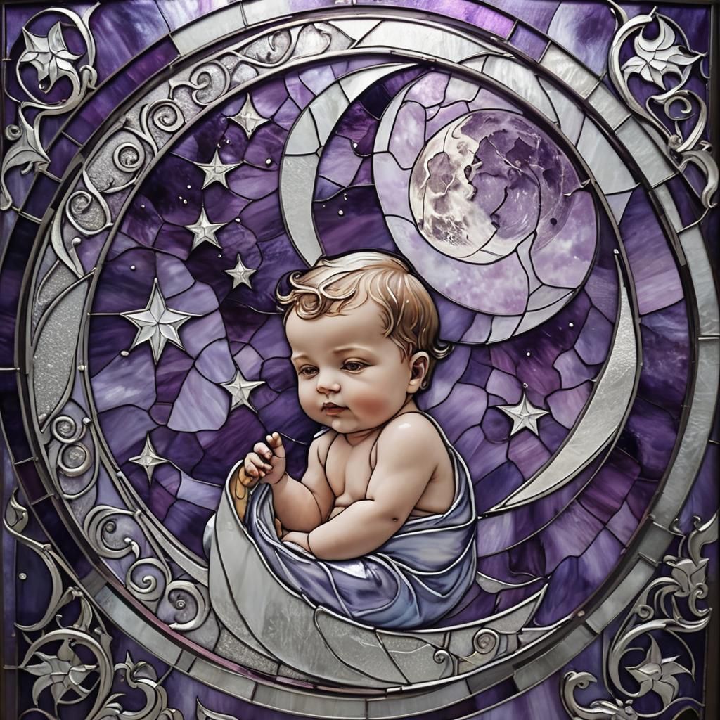 Purple and Silver Stained Glass Mural of Moon and Baby
