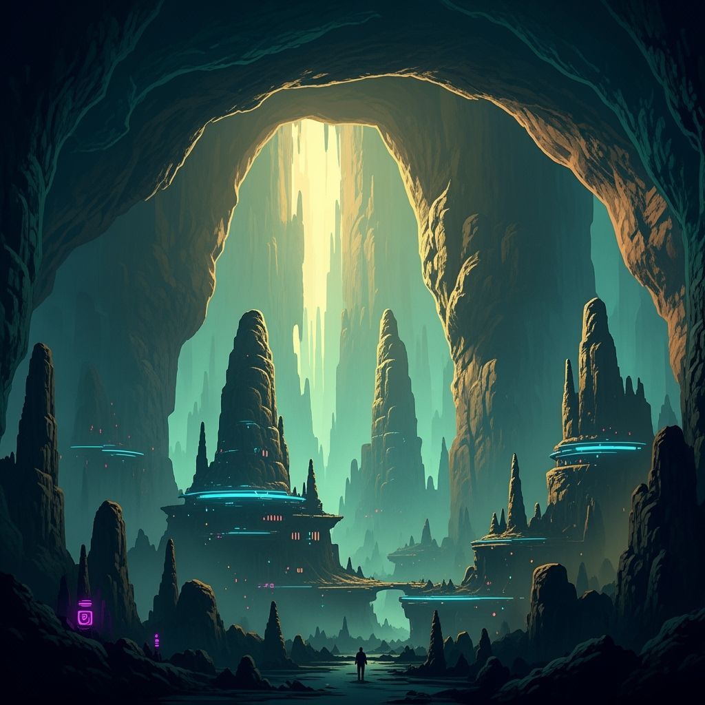 Surreal Cave with Neon Accents and Monumental Rocks
