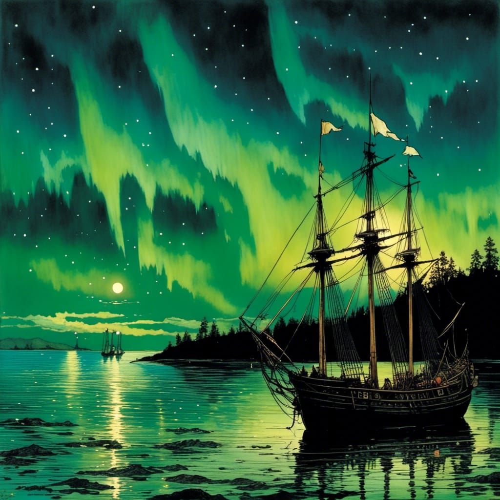 Northern Lights Over Bay with Sailing Ship