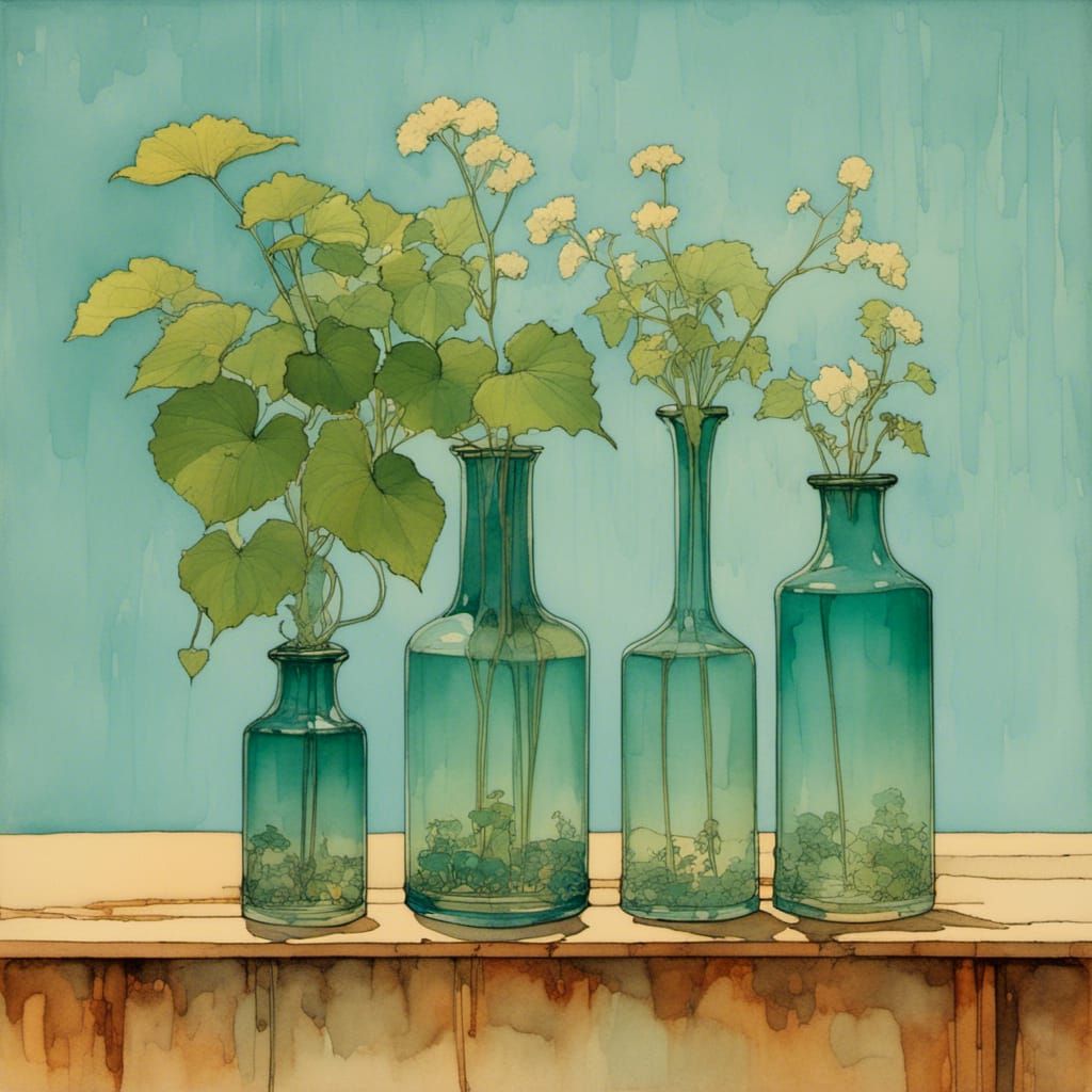 Whimsical Vases and Plants on Rustic Shelf