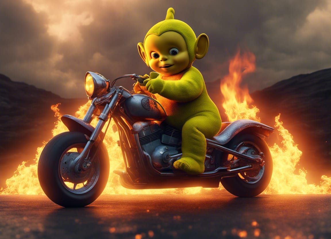 The Teletubbies on a motorcycle with flames and skulls, realistic, cinematic, 8k, (detailed stunning environment), highl...