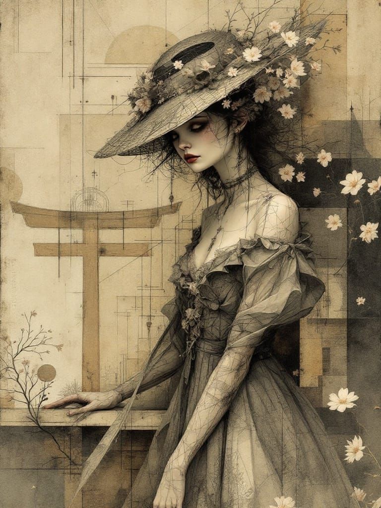 Surreal Victorian Gothic Figure in Sepia Watercolor