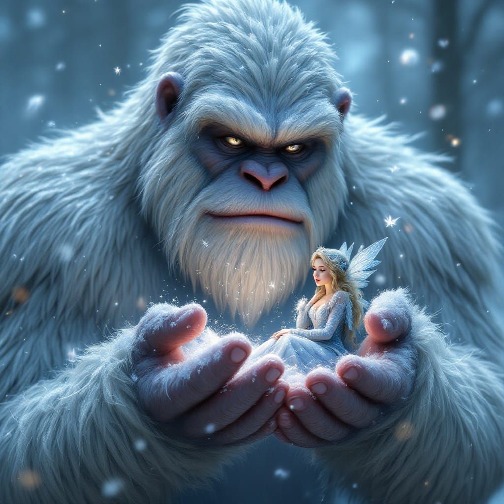 Benevolent Yeti Shields Fairy from Snowstorm in Whimsical Wi...