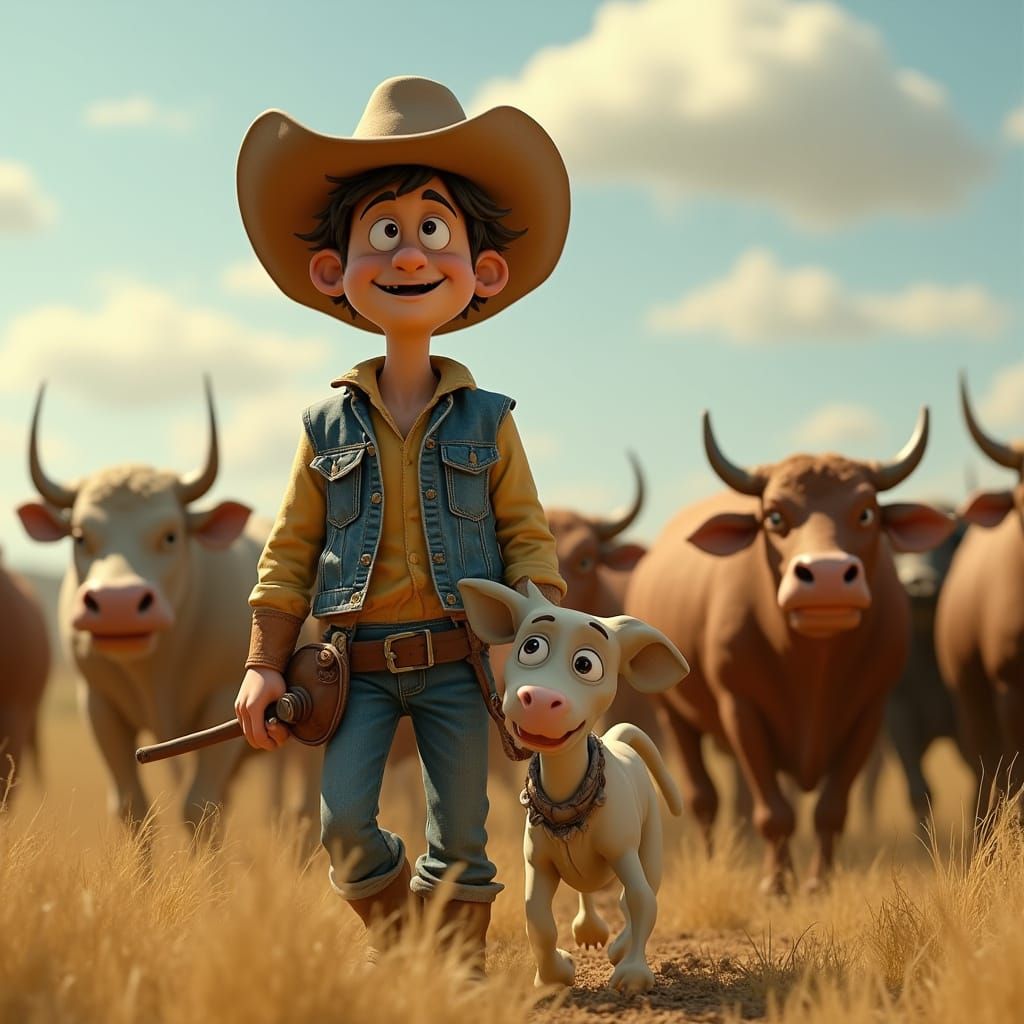 Claymation Rancher Guiding Cattle Across Pasture