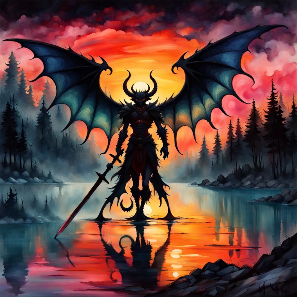 Eerie Sunset Scene with Winged Demon