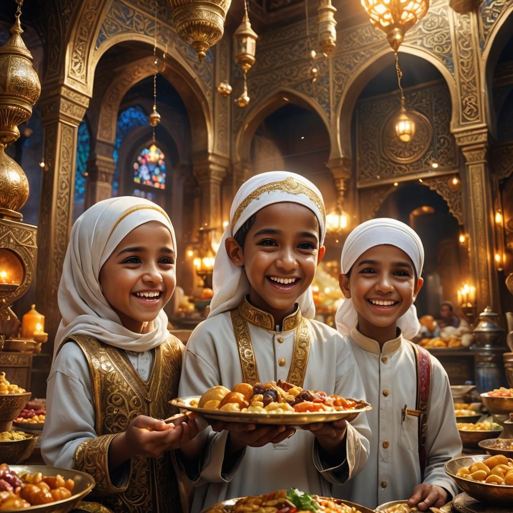 Joyful Muslim Children with Food: Detailed Concept Art