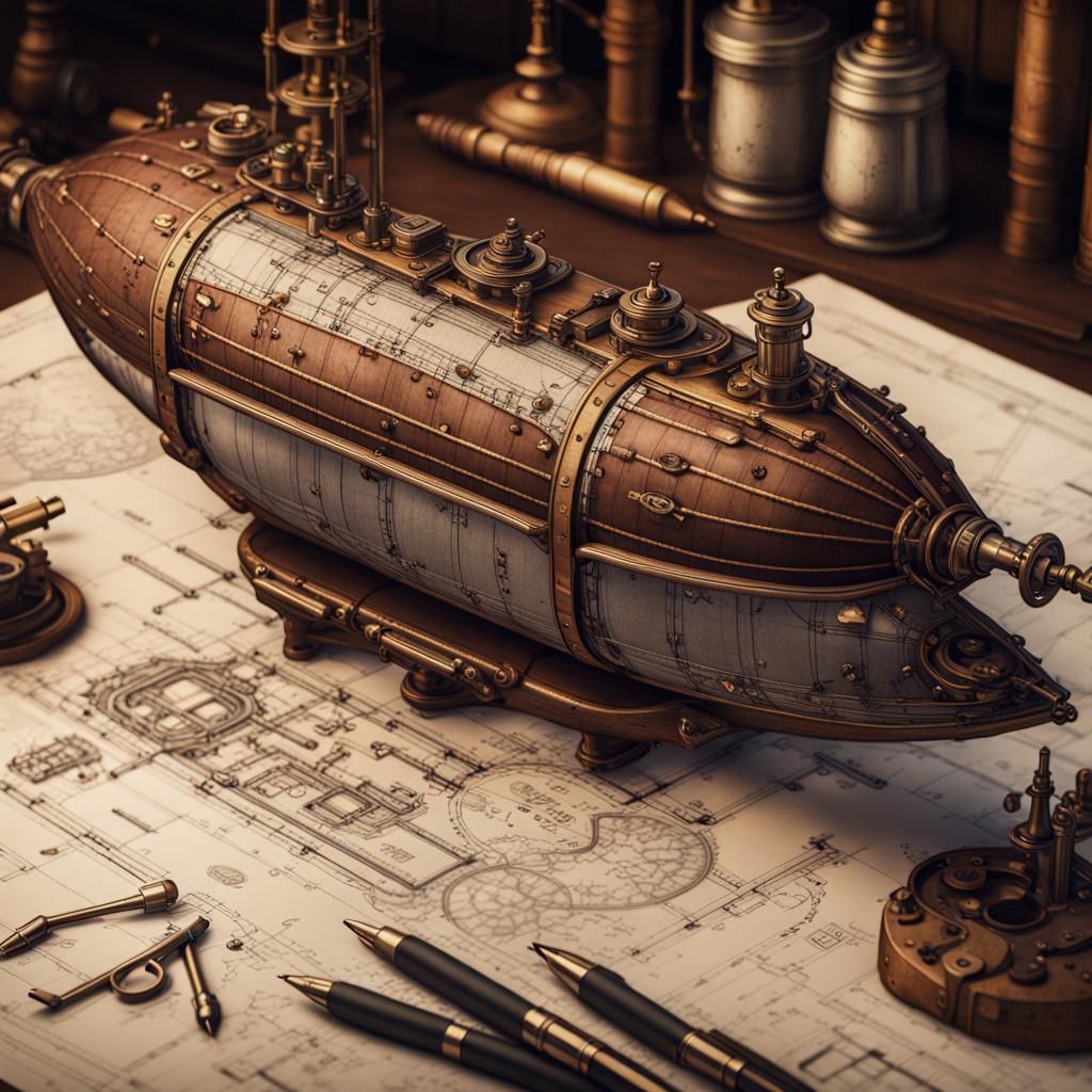 Neo-Victorian Steampunk Airship Blueprint: Detailed Matte Pa...