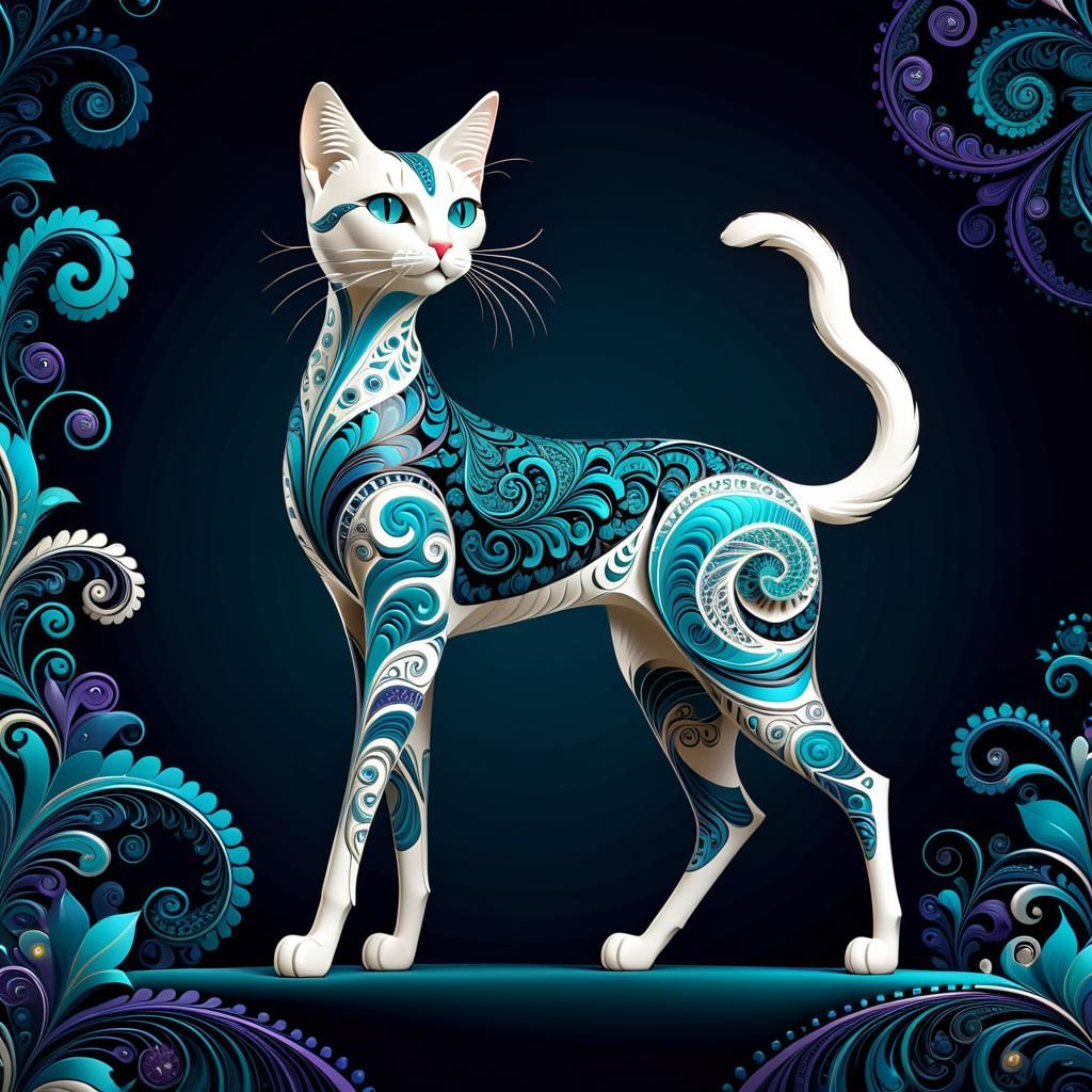 Long-Legged Cat in Folk Art Style with Fractal Design