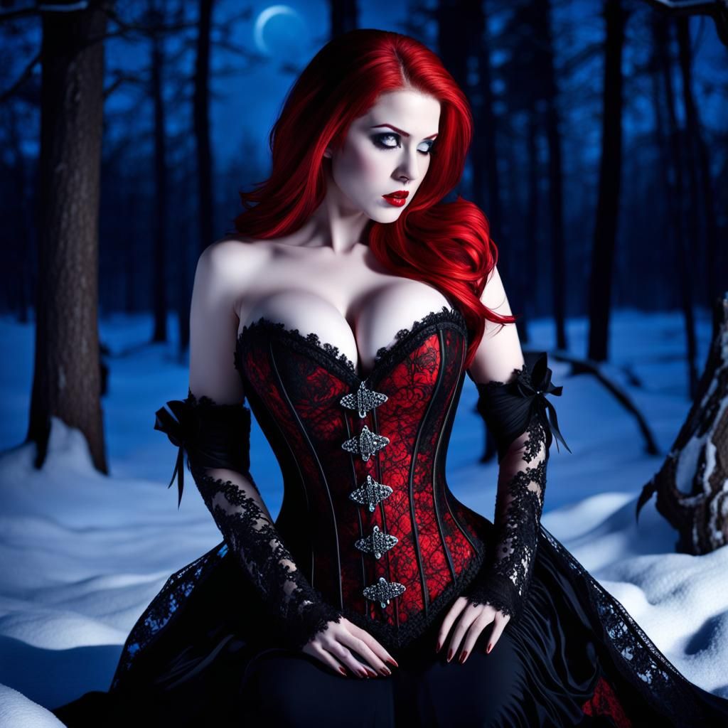 Redhead Vampire in Snowy Forest, Gothic Photorealism