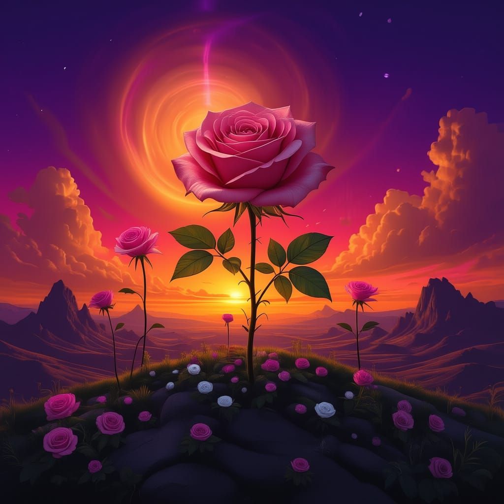 Surreal Crystalline Roses on Musical Staff Nebula Sky