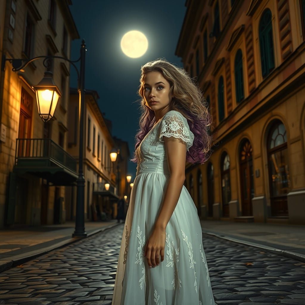 Dreamy Moonlit Street Scene in a Vintage Aesthetic