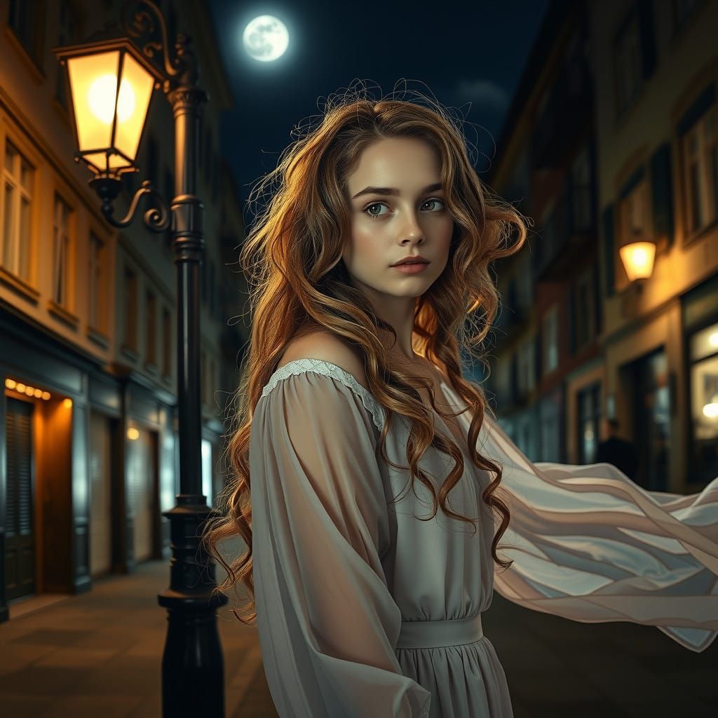 Youthful Woman Serenely Captured in Moonlit Golden Hour