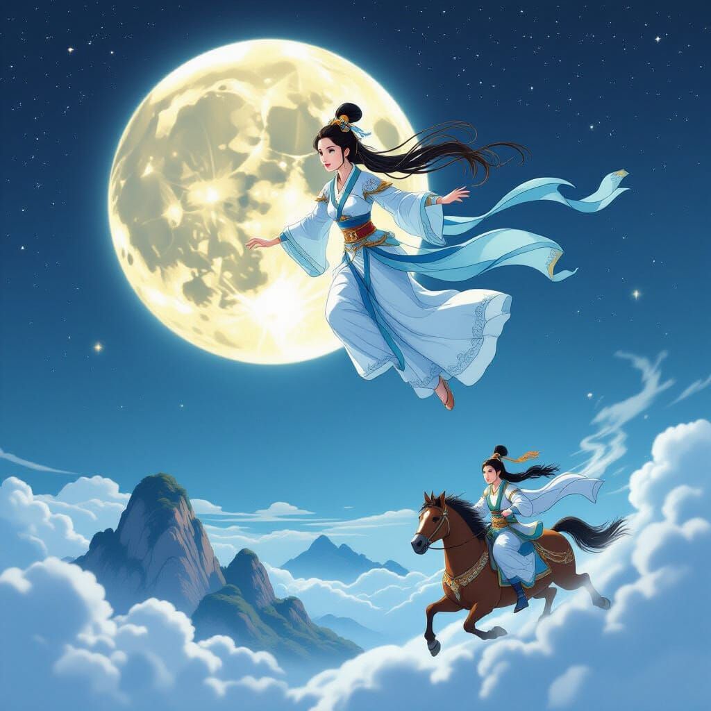 Chang'e Ascends to Moon While Hou Yi Pursues on Earth