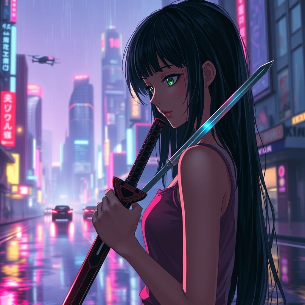 Cyberpunk Anime Girl in Rainy Cityscape at Dusk
