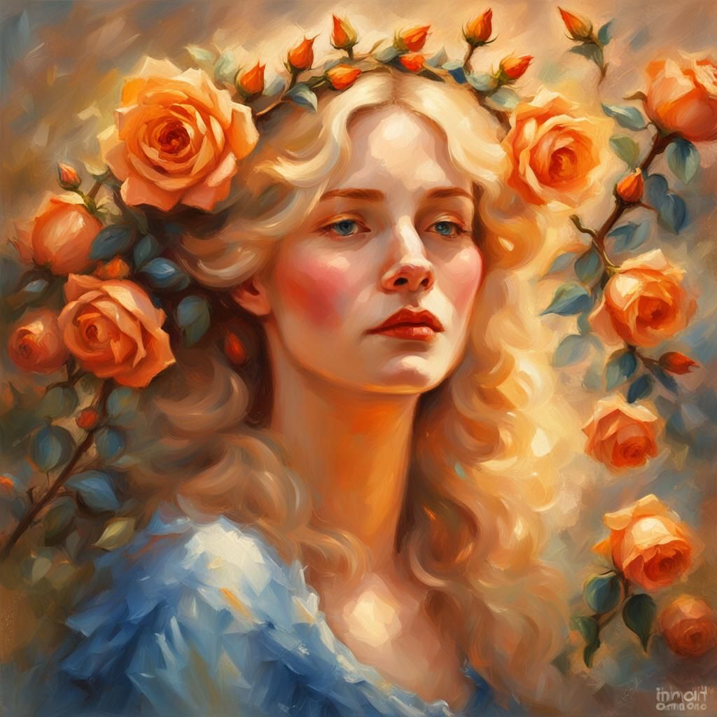 Elegant Woman with Rose Garland in Impressionist Style