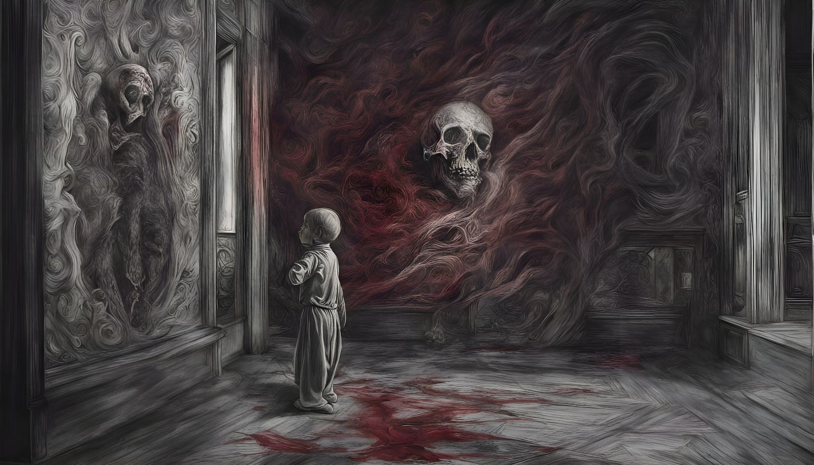 Horrific Charcoal Drawing with Crimson and Puce Accents