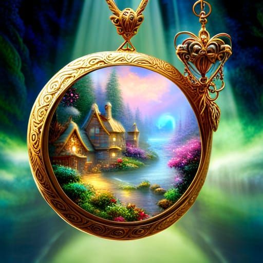 Fairies' Magical Realm Inside Gold Locket Pendant