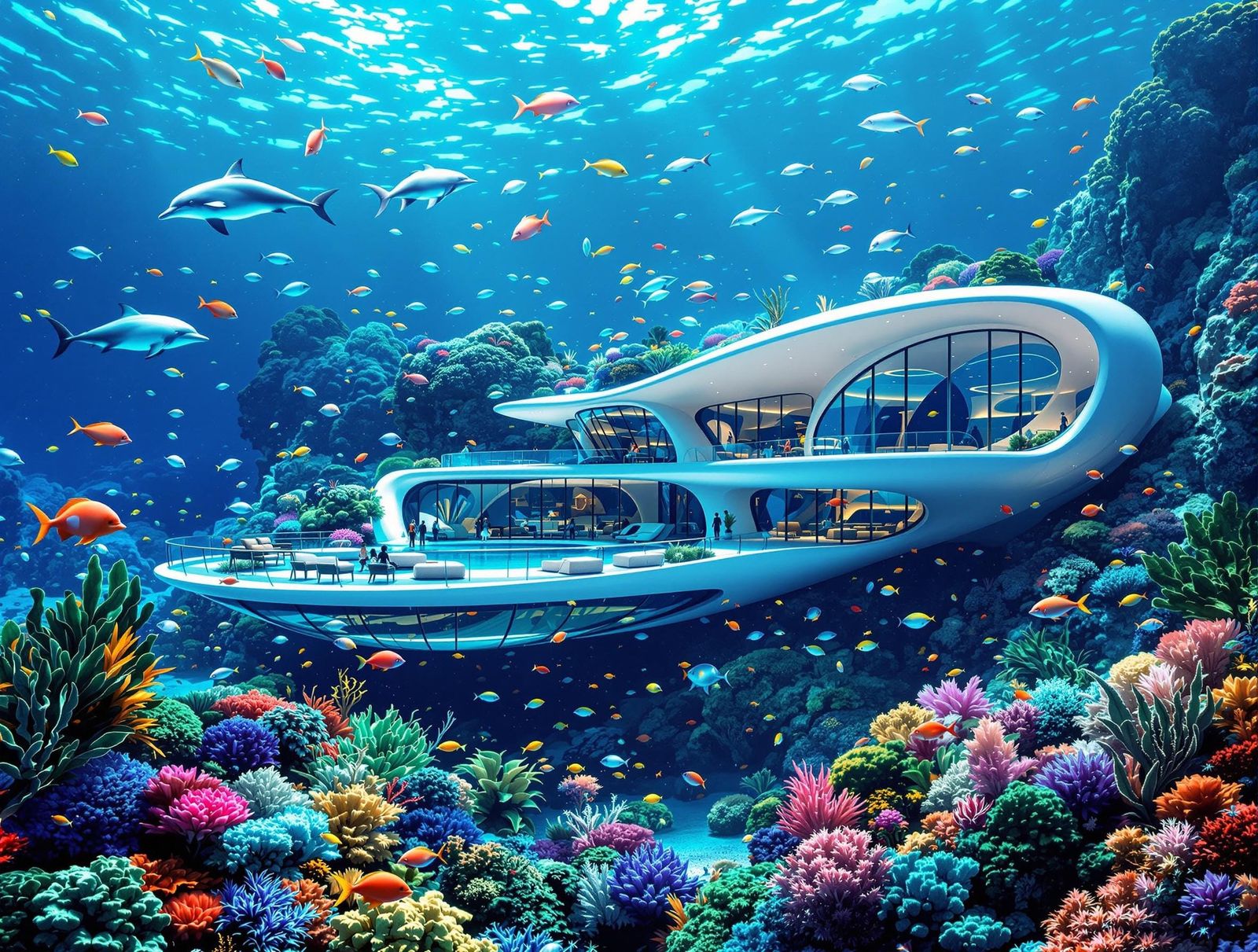 Surreal Underwater Futuristic House with Tropical Fish