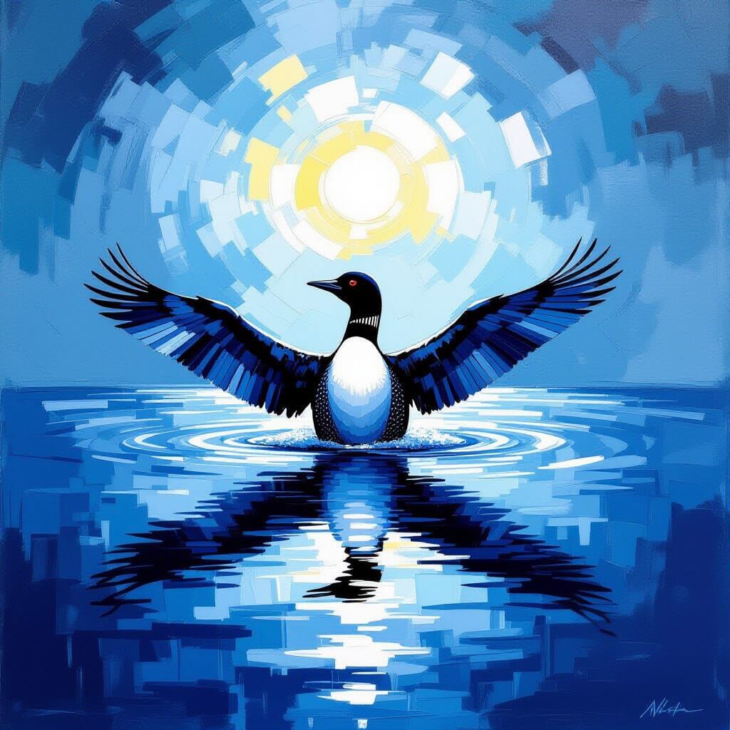Vibrant Loon Gliding Over Still Water in Oil Painting Style