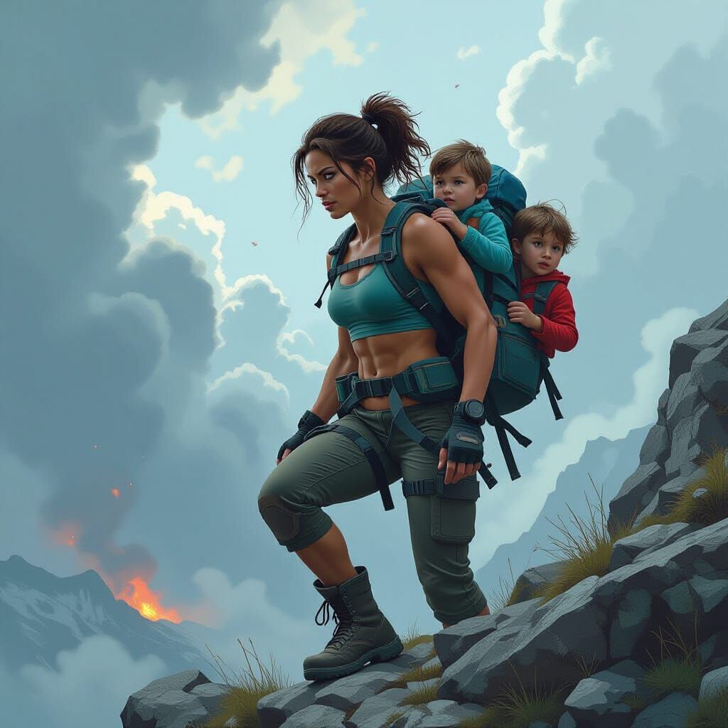 Resilient Woman Climbs Mountain with Children