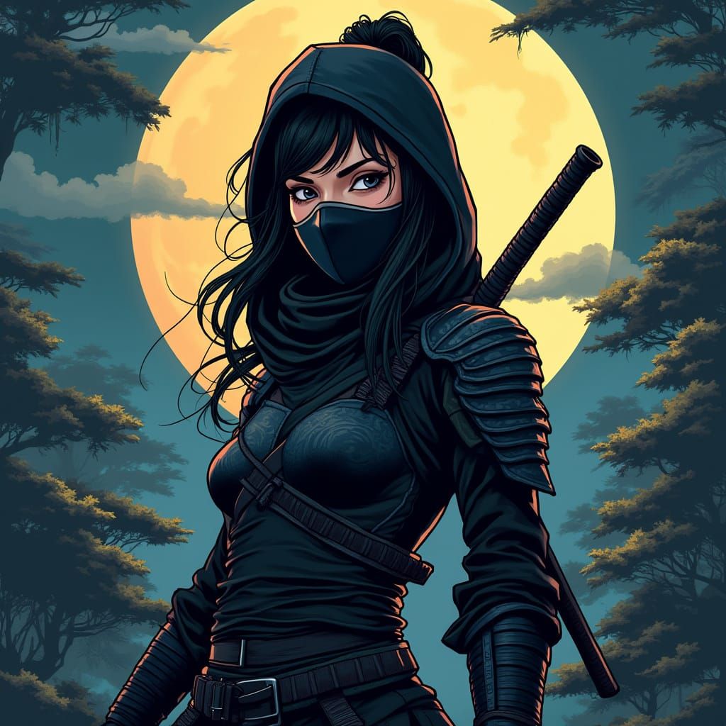 Mysterious Female Warrior in a Moonlit Japanese Garden