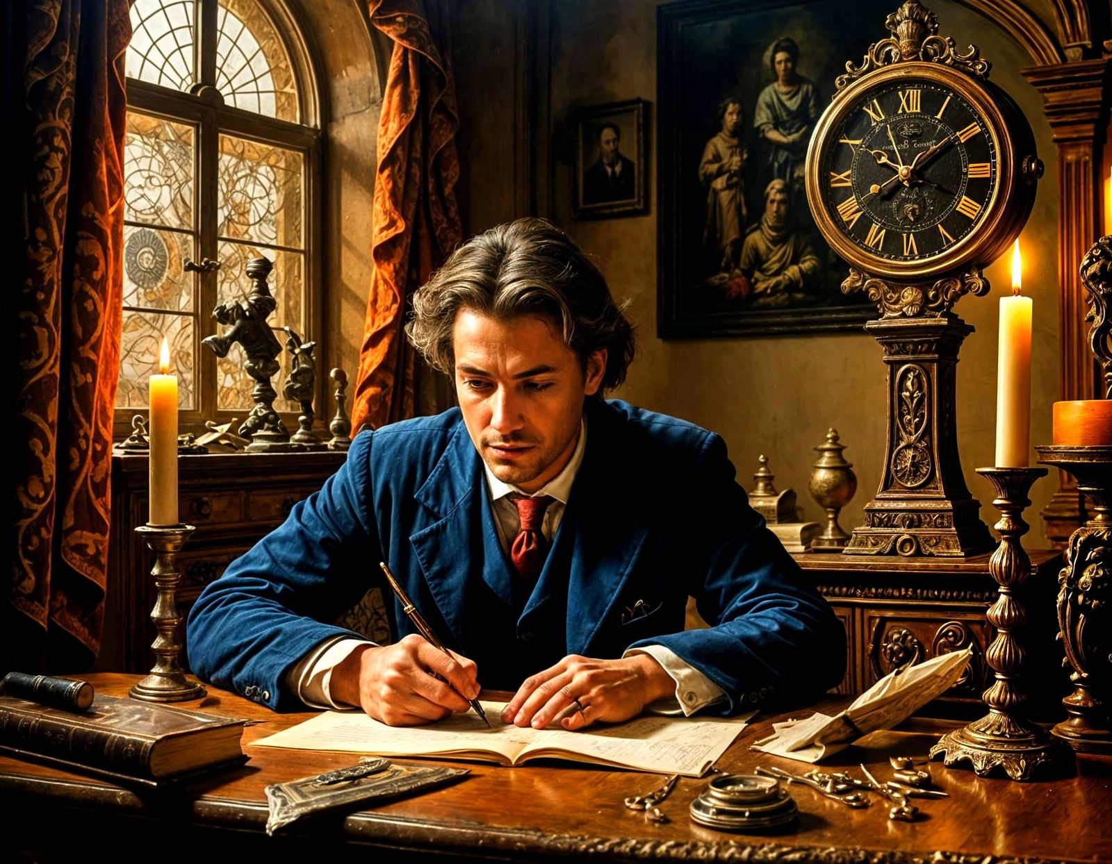 Man With Clock Face Writes With Quill, Ink Flows Like Time