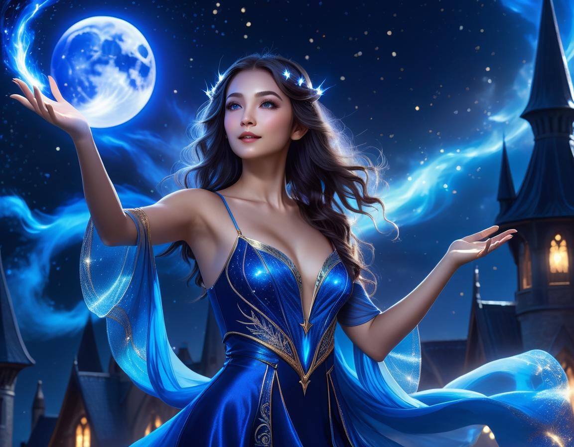 Female Wizard Casting Spell Under Night Sky