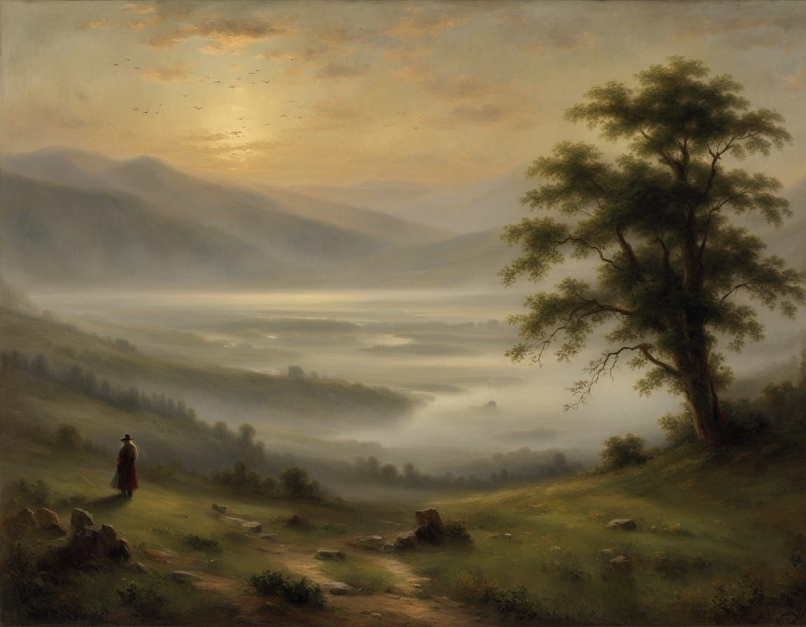 Misty Valley Landscape in the Style of George Inness
