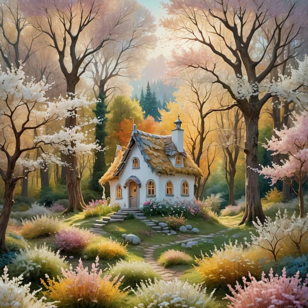 Enchanted Forest Cottage in Watercolor Style