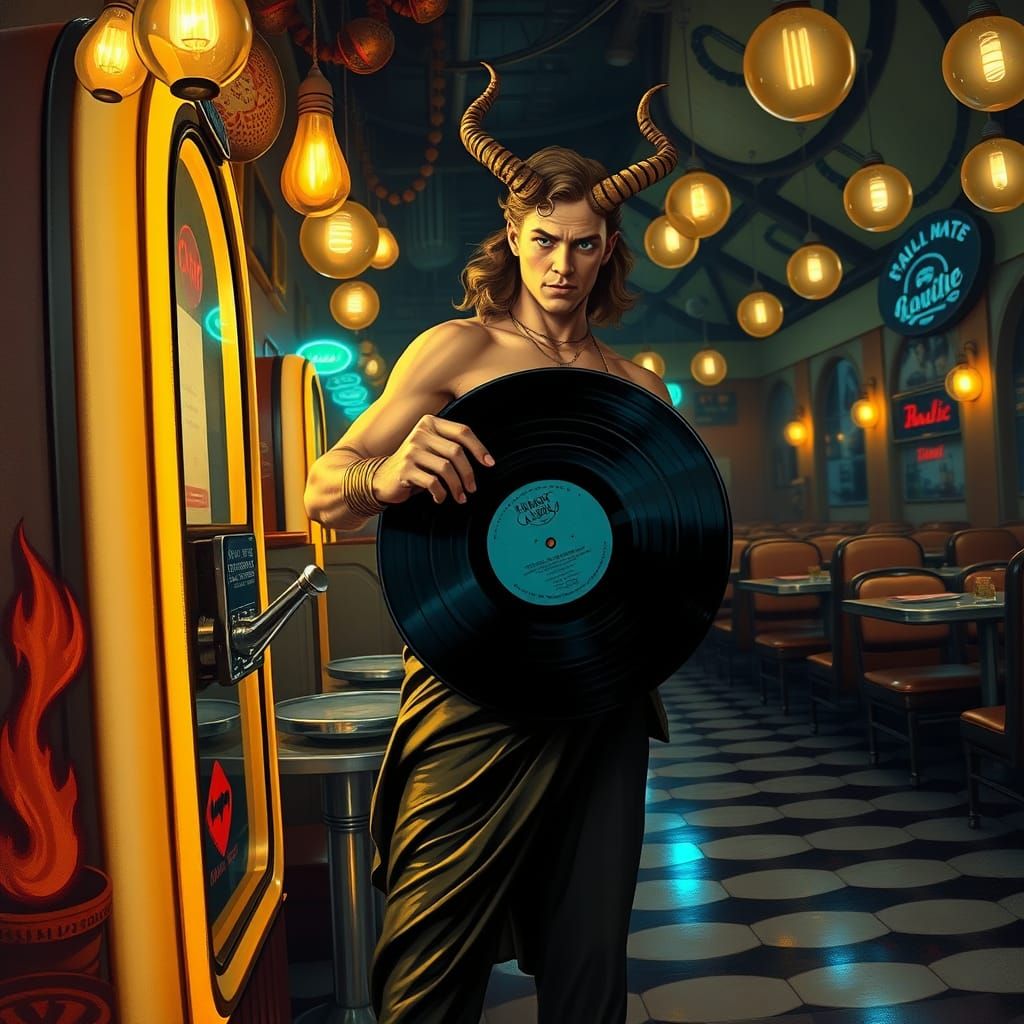 Retro Diner Meets Mythological Goddess in a Vibrant, Dark Am...