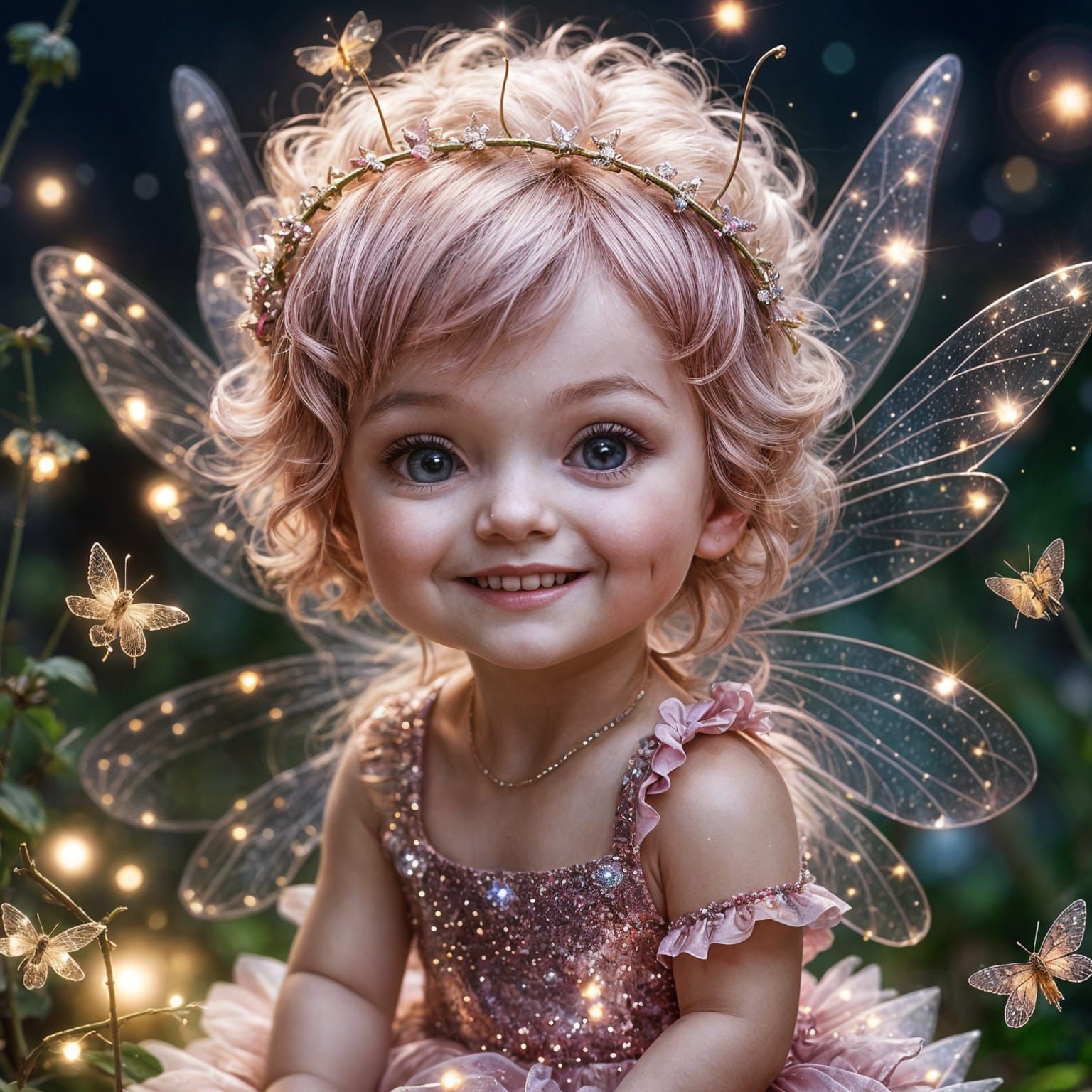 Enchanted Baby Fairy in Pink with Fireflies