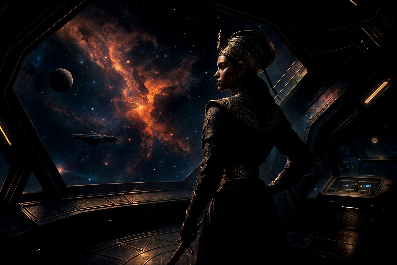 Nubian Space Pirate Captain on Ship Bridge