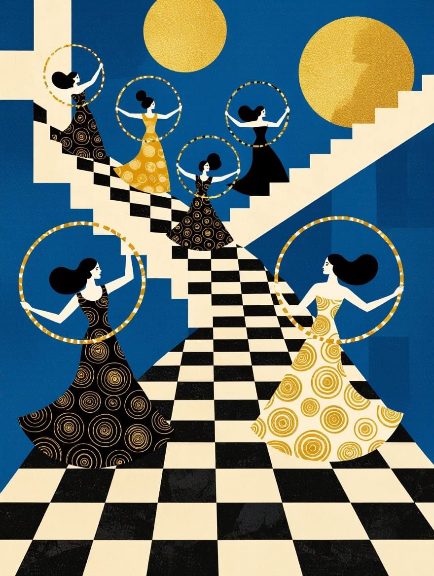 Escher-Inspired Hula Hoopers on a Multilevel Staircase in Bl...