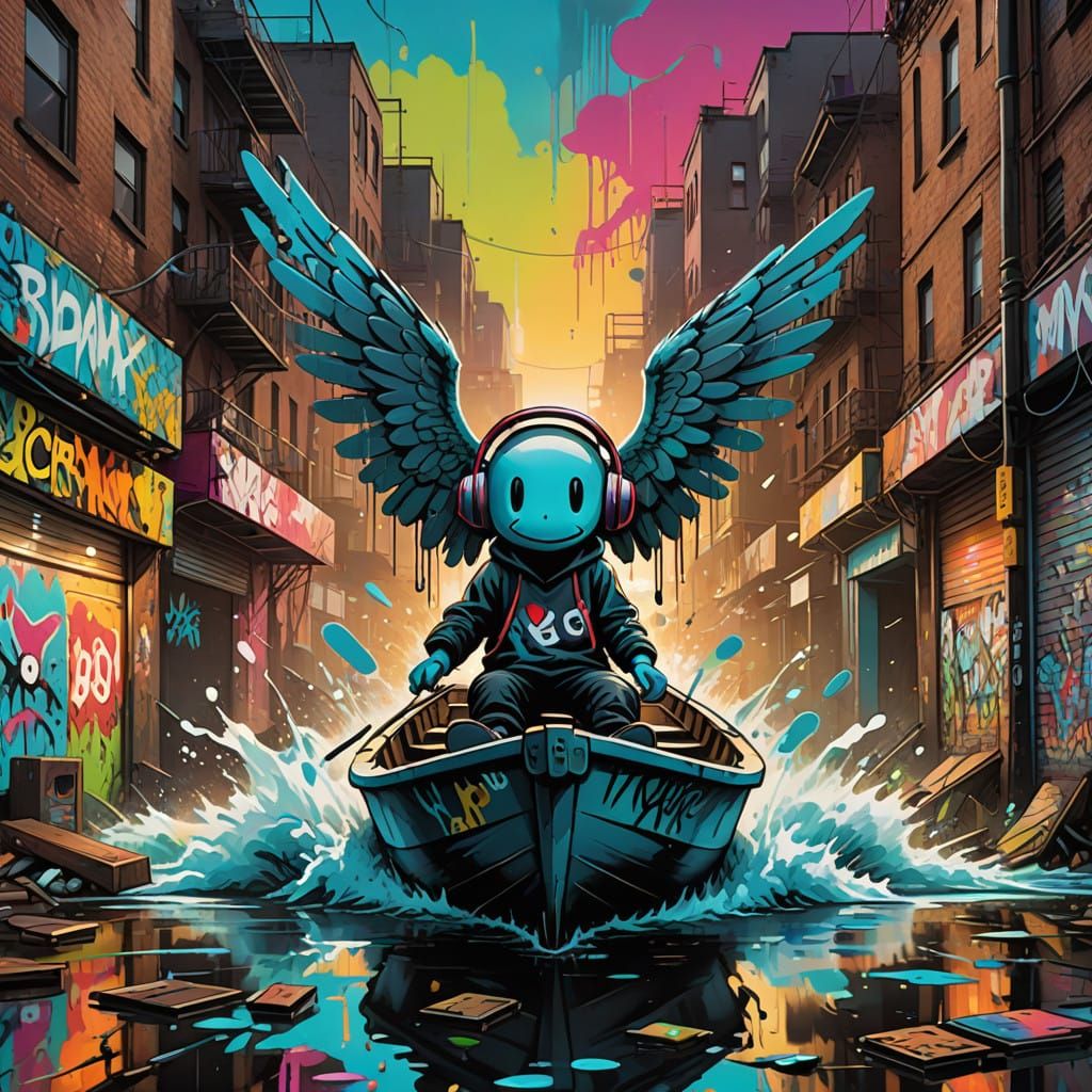 Angel Offers Hope Amidst Turbulent Waters in a Vibrant Stree...