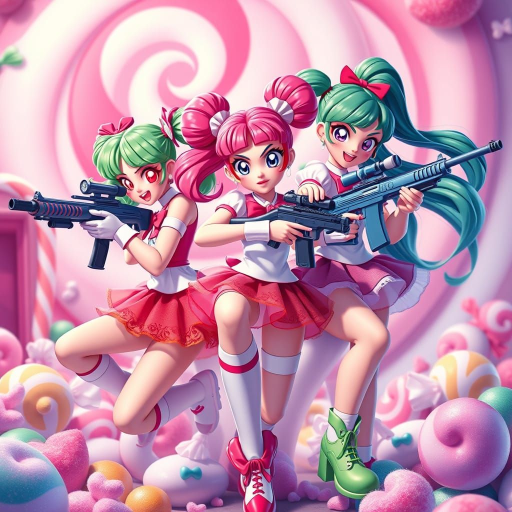 Powerpuff Girls with Snipers in Hyperrealistic Candyland