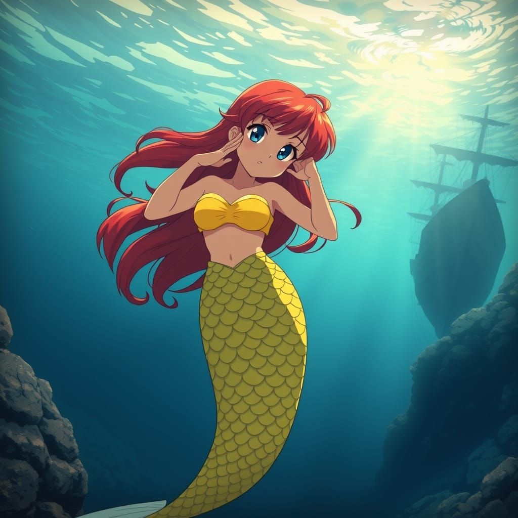Mermaid in Anime Pose, Swimming Towards a Sunken Ship in Dee...