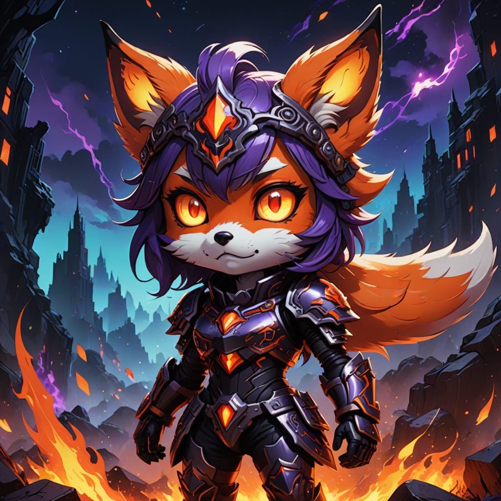 Chibi Fox Girl in Epic Hellfire Armor with Horns