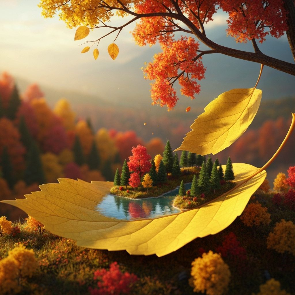 Miniature Autumn Forest Lake on Falling Leaf