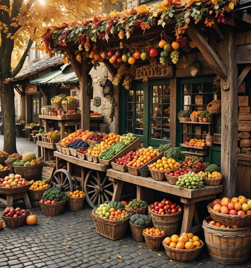Fantasy Village Fruit Stand in Autumn Sunlight