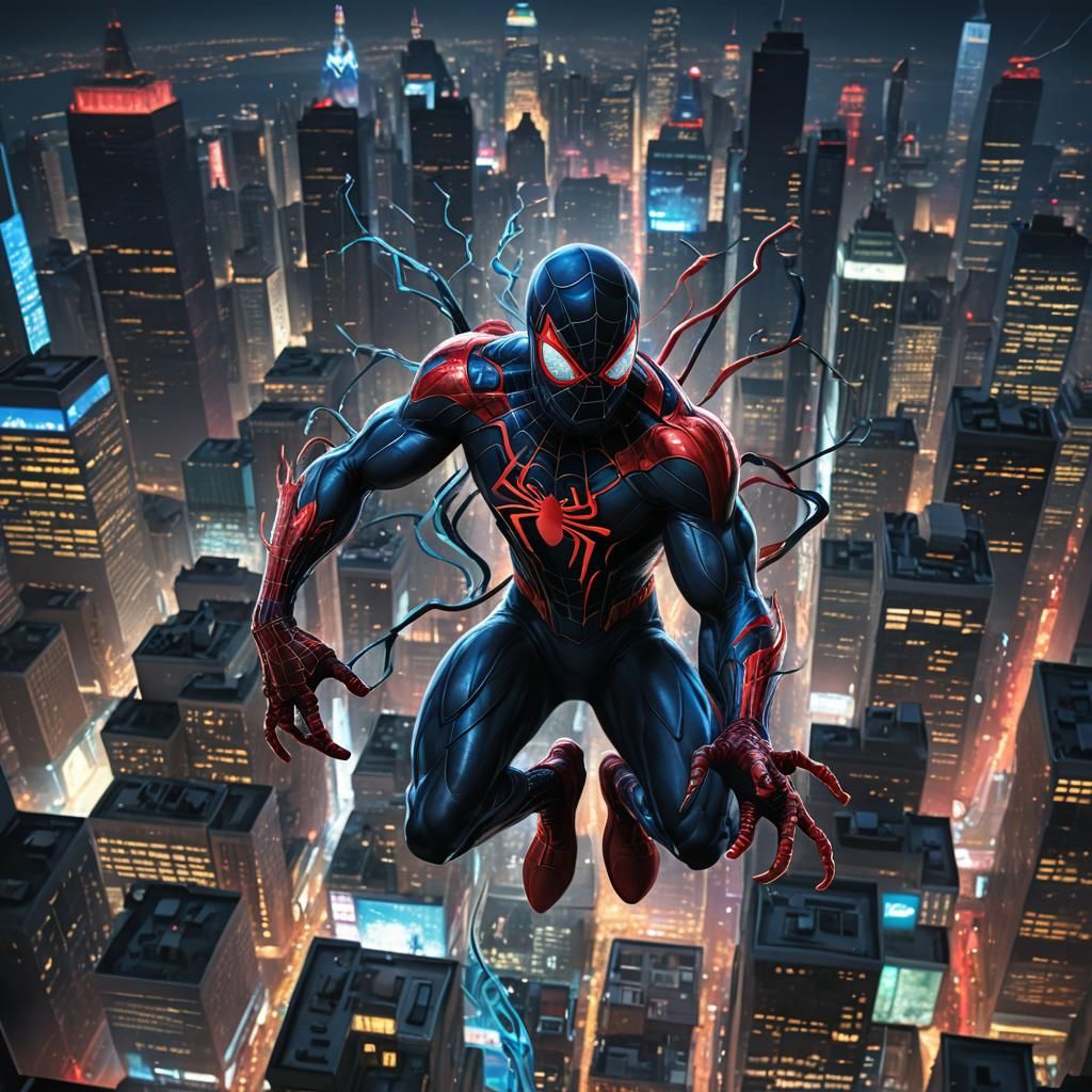 Spiderman with Blue and Red Symbiote in Cityscape