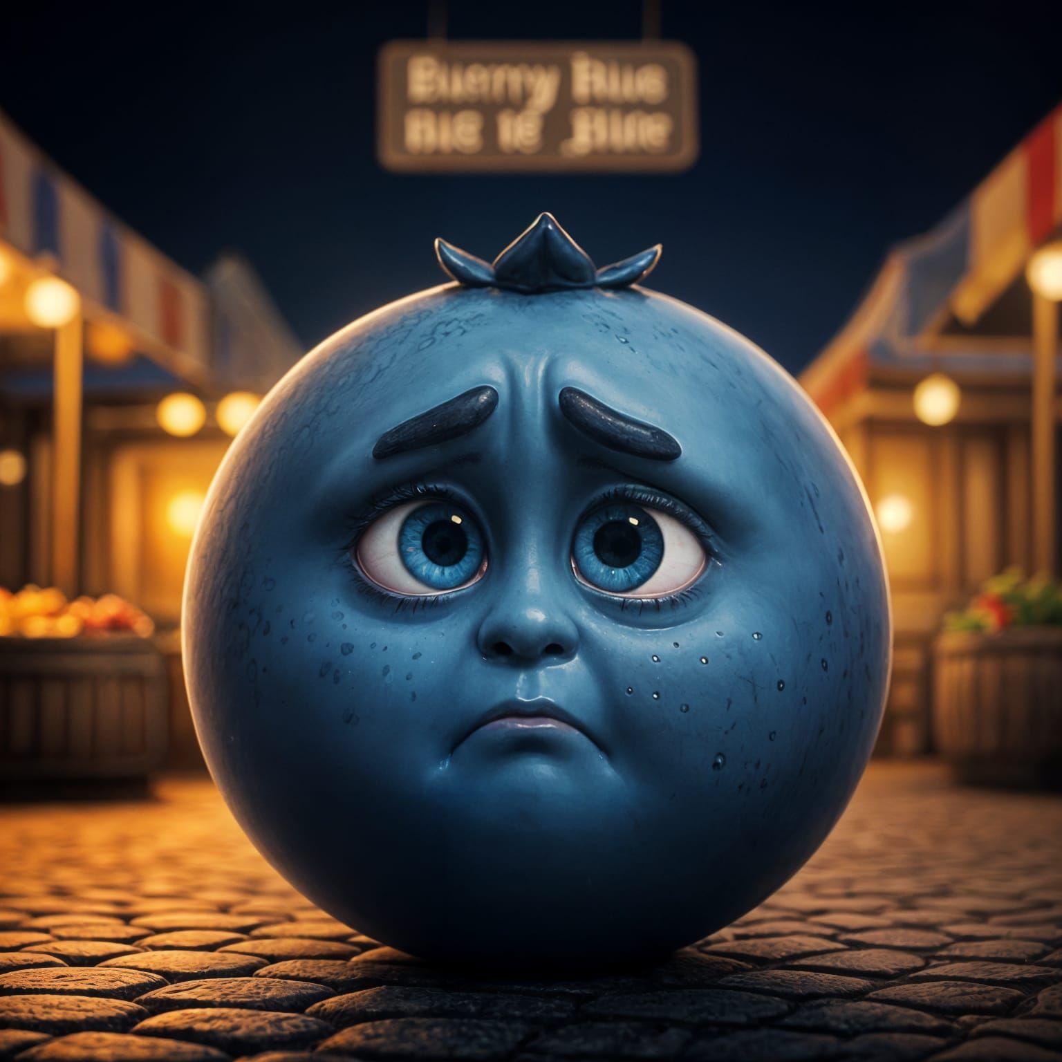 Vintage Nighttime Portrait of a Sad CGI Cartoon Blueberry