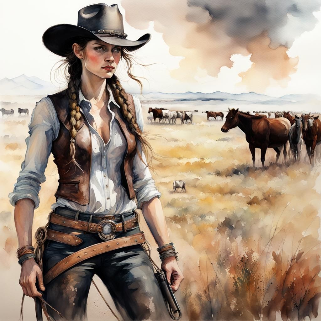 Goddess-Like Female Cowboy in Watercolor and Ink