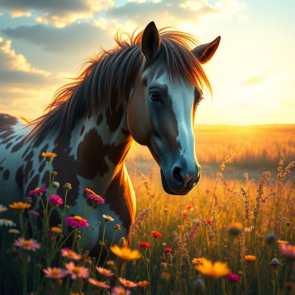Appaloosa Horse in Wildflower Field, Digital Art