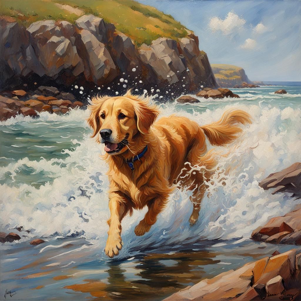 Golden Retriever Splashing in Coastal Oil Painting
