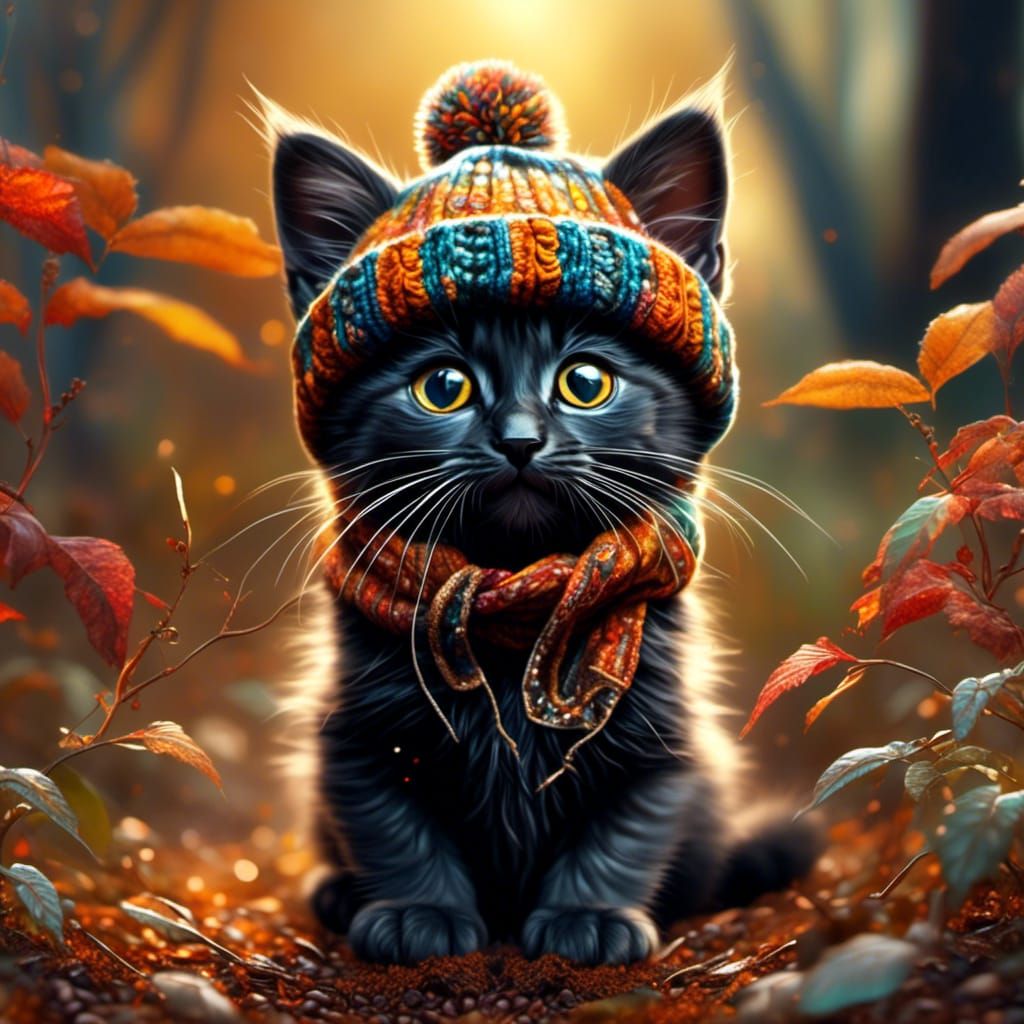 Cute Black Kitten in Autumnal Colors