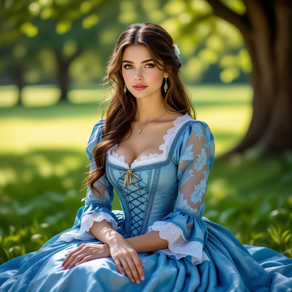Victorian Woman in Blue Lace Dress in Park Portrait