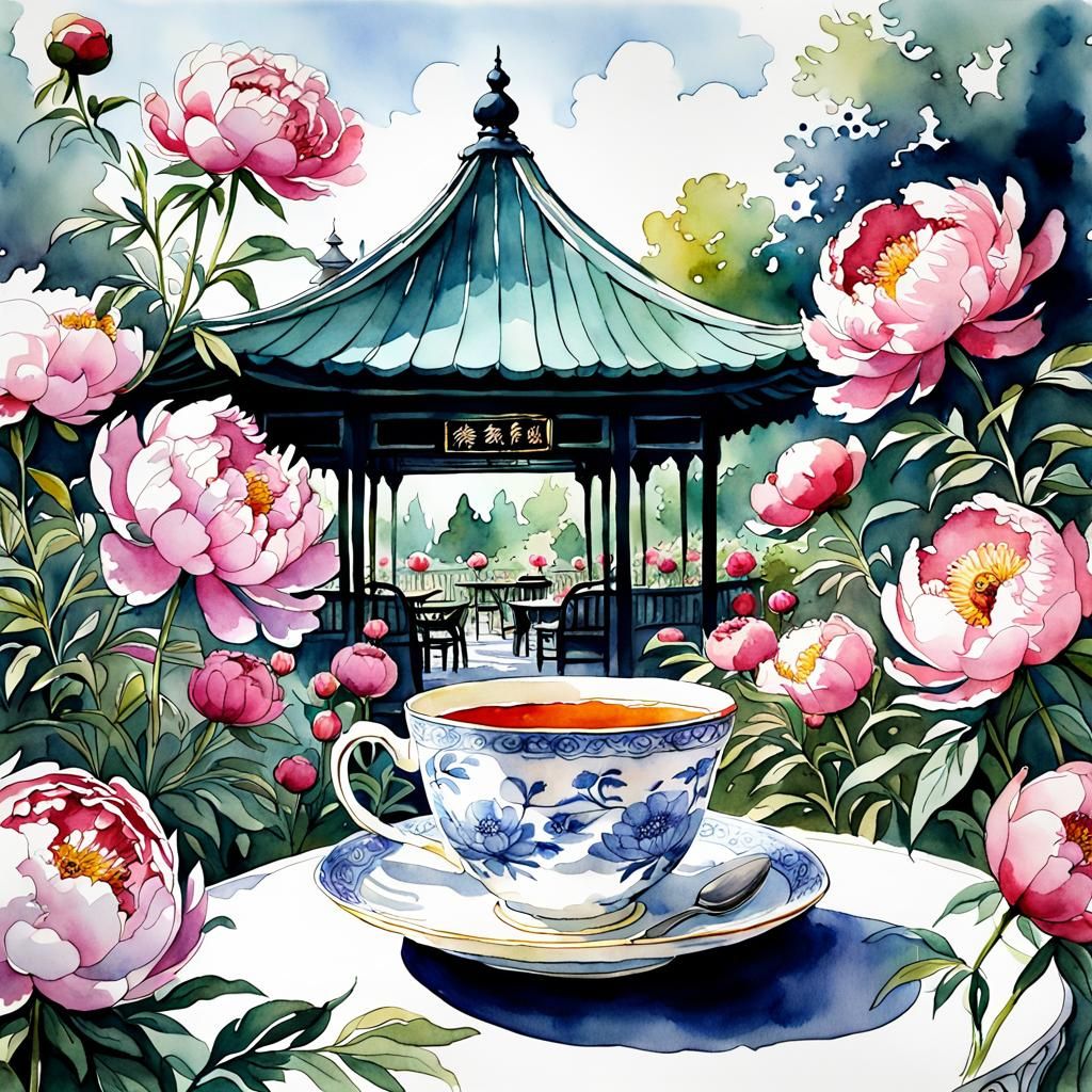 Whimsical Tea House in Peony Garden, Watercolor Style